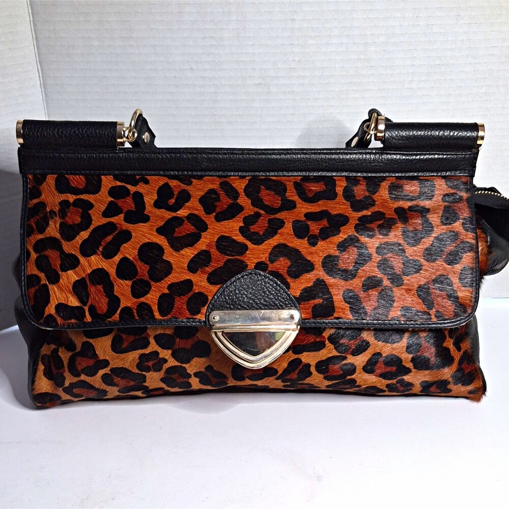 Aqua Madonna Caramel Leopard Print Genuine Leather & Calf Hair Satchel Handbag